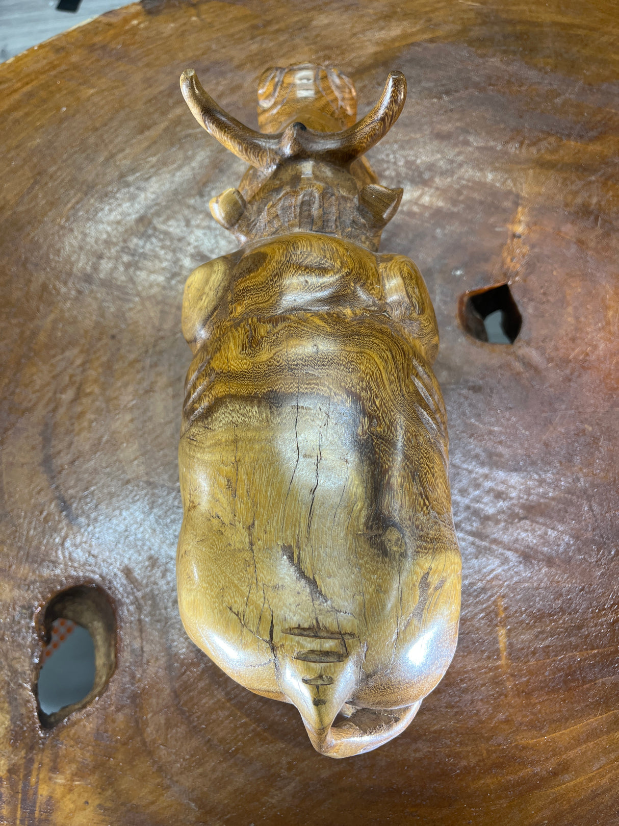Hand Carved Wooden Beautifully Grained Heifer Cow With Horns