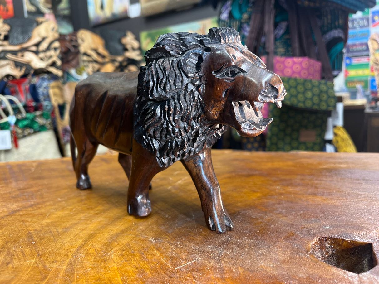 Hand Carved Wooden Reddish Brown Growling Lion