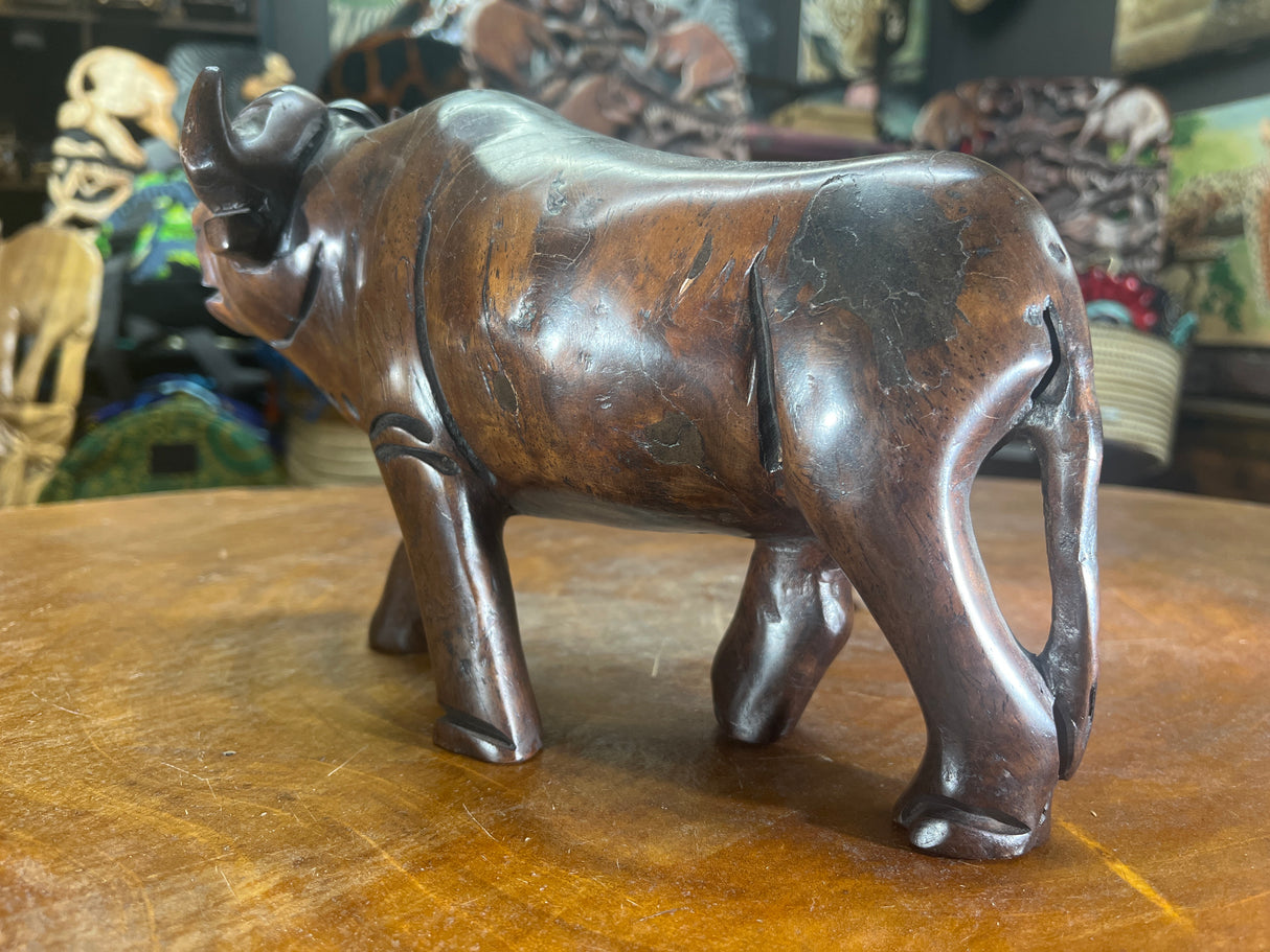 Hand Carved Dark Brown Wooden Buffalo With Horns