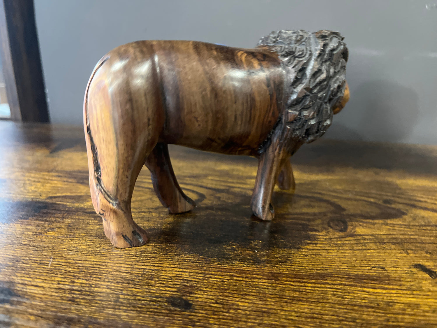 Small Hand Carved Wooden Lion Fresh Faced with An Intricate Mane