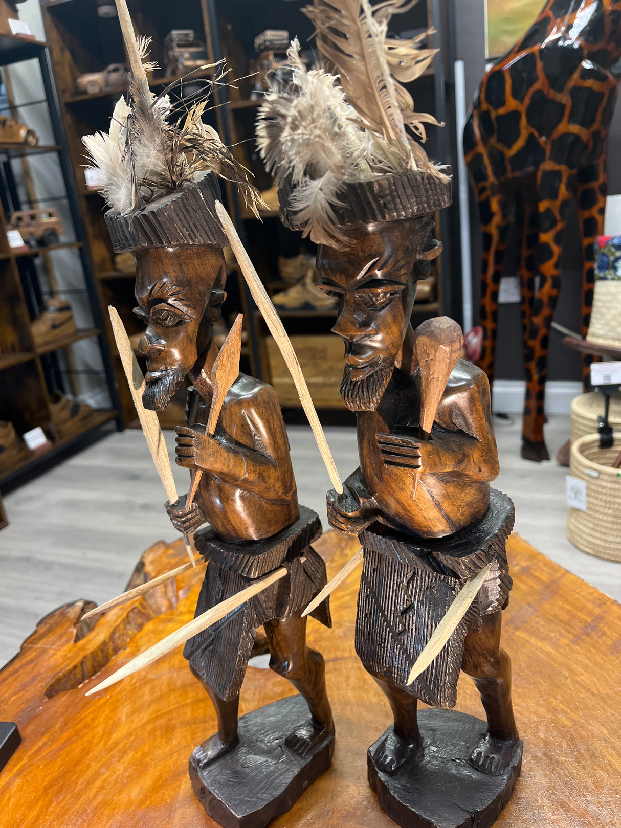 Pair of African Tribal Warriors Hand Carved in Wood
