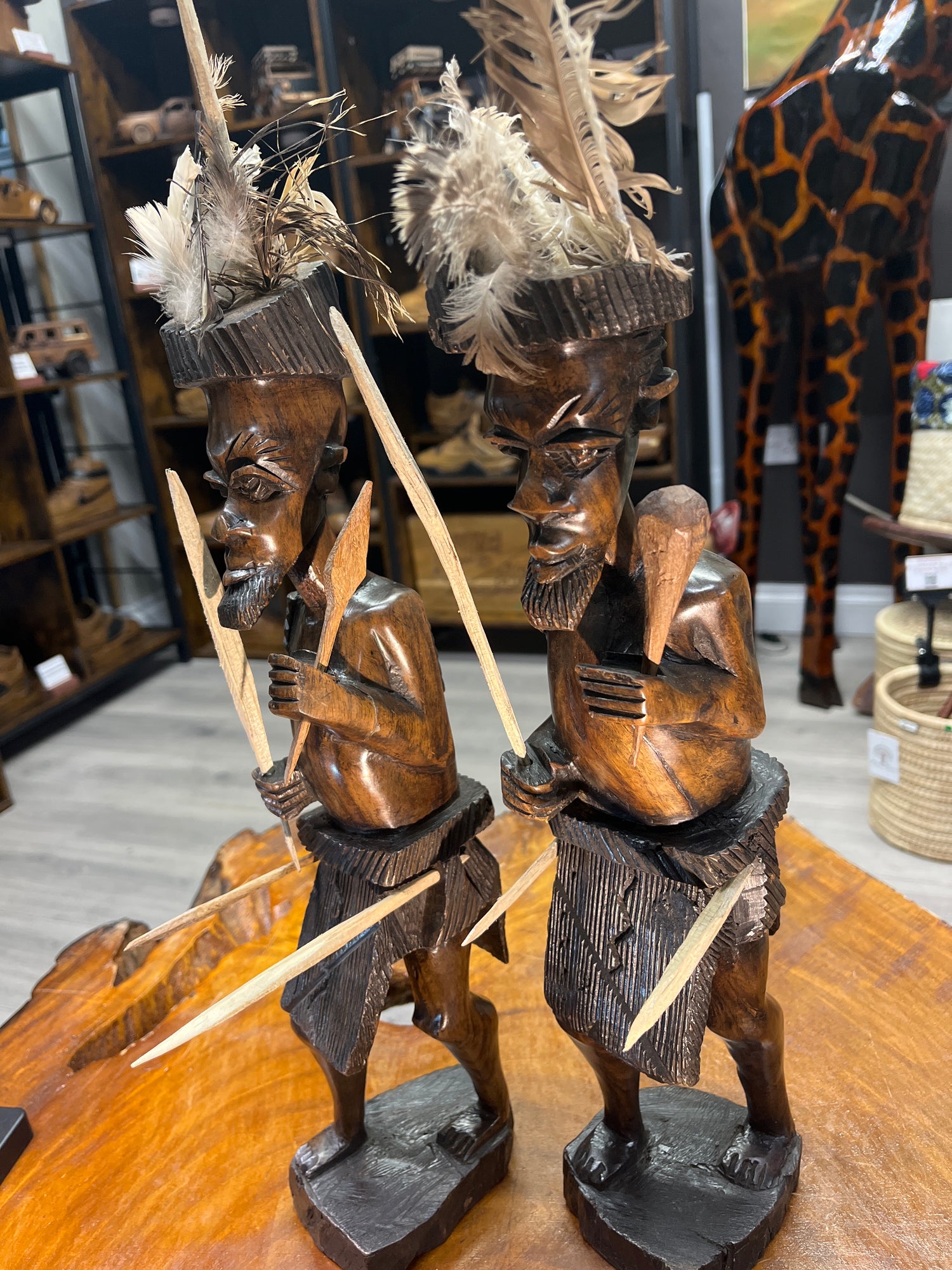 Pair of African Tribal Warriors Hand Carved in Wood