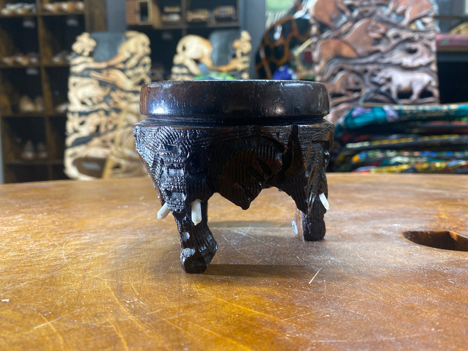 Intricate Ebony Hand Carved Elephant Head Coin / Jewellery Dish