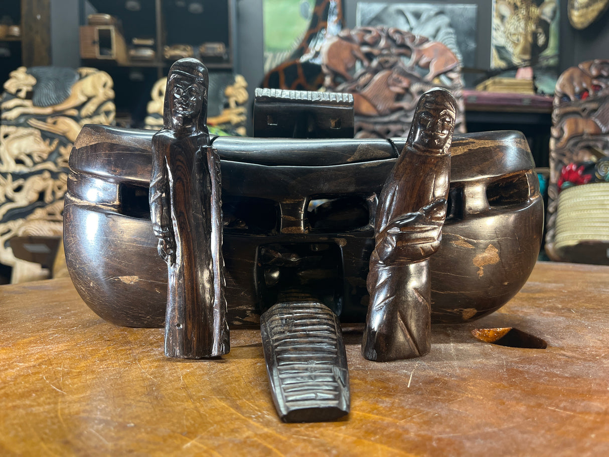 Hand Carved Ebony Noah’s Ark With Animals and Noah and Spouse