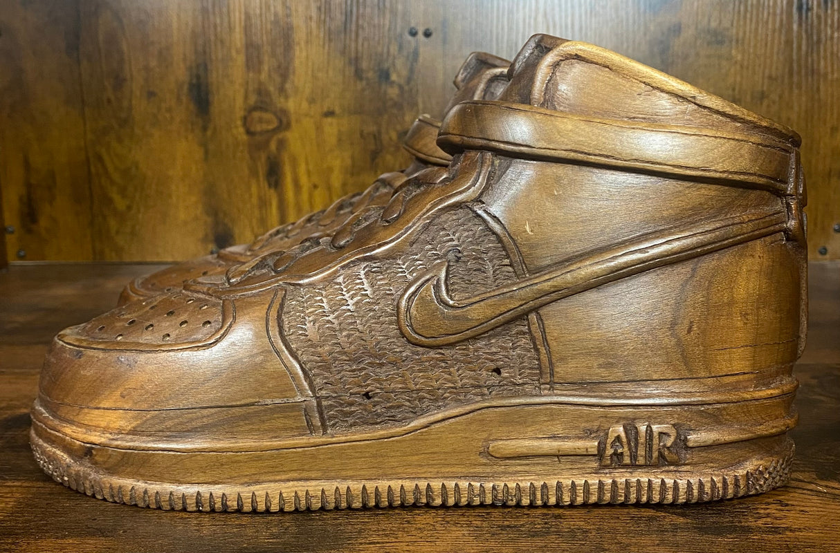 Pair of Nike Air Force One High V2.1 Hand Carved Mahogany Display Piece