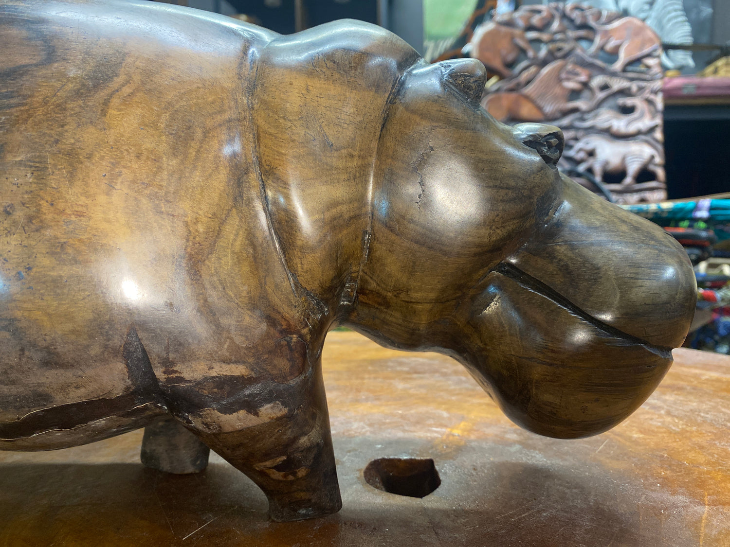 Hand Carved Wooden Smiling Hippo - Mouth Closed