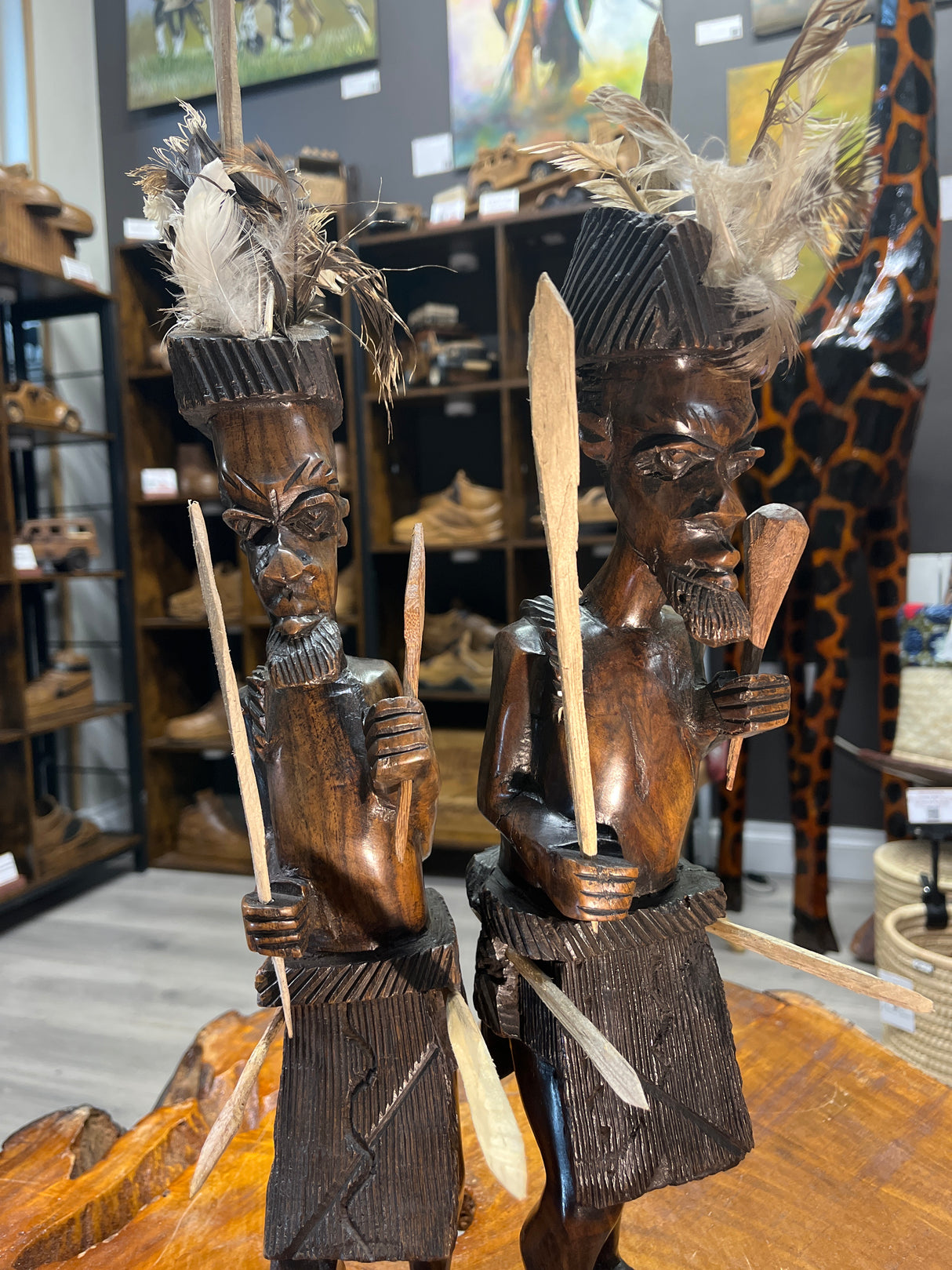 Pair of African Tribal Warriors Hand Carved in Wood