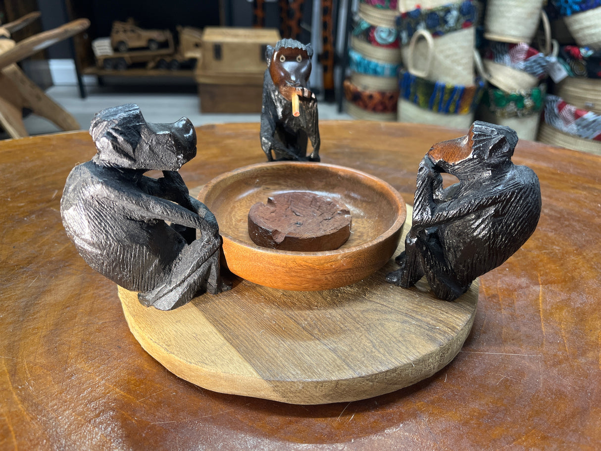 Not so Wise 3 Smoking Monkeys Ash Tray - Handmade Ebony Monkeys