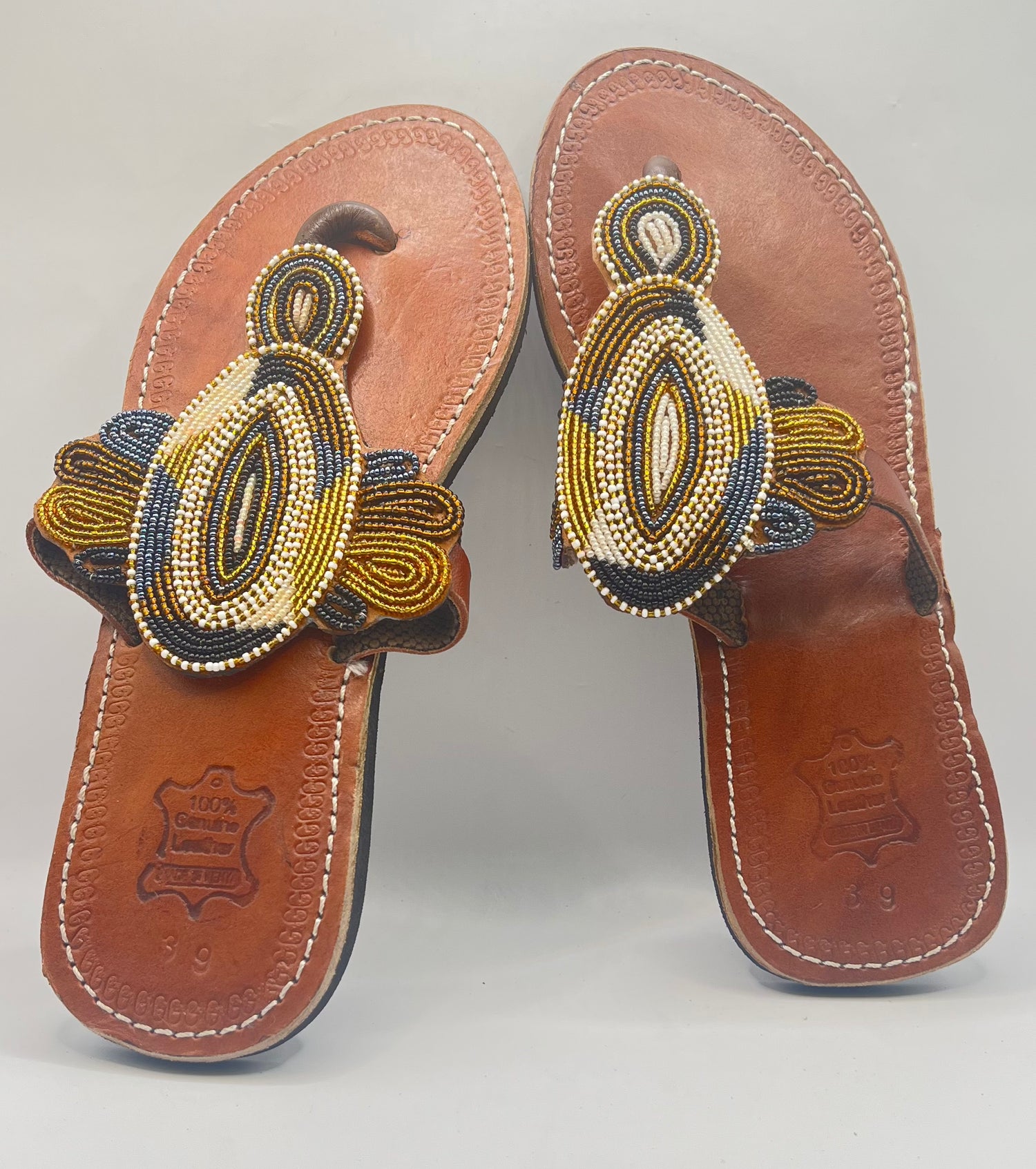 White and Beige Beaded Brown Slippers