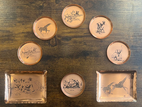 Exquisite vintage copperware set - 2 Ashtrays and 6 Coasters - Royal Sable 1960's