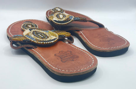 White and Beige Beaded Brown Slippers