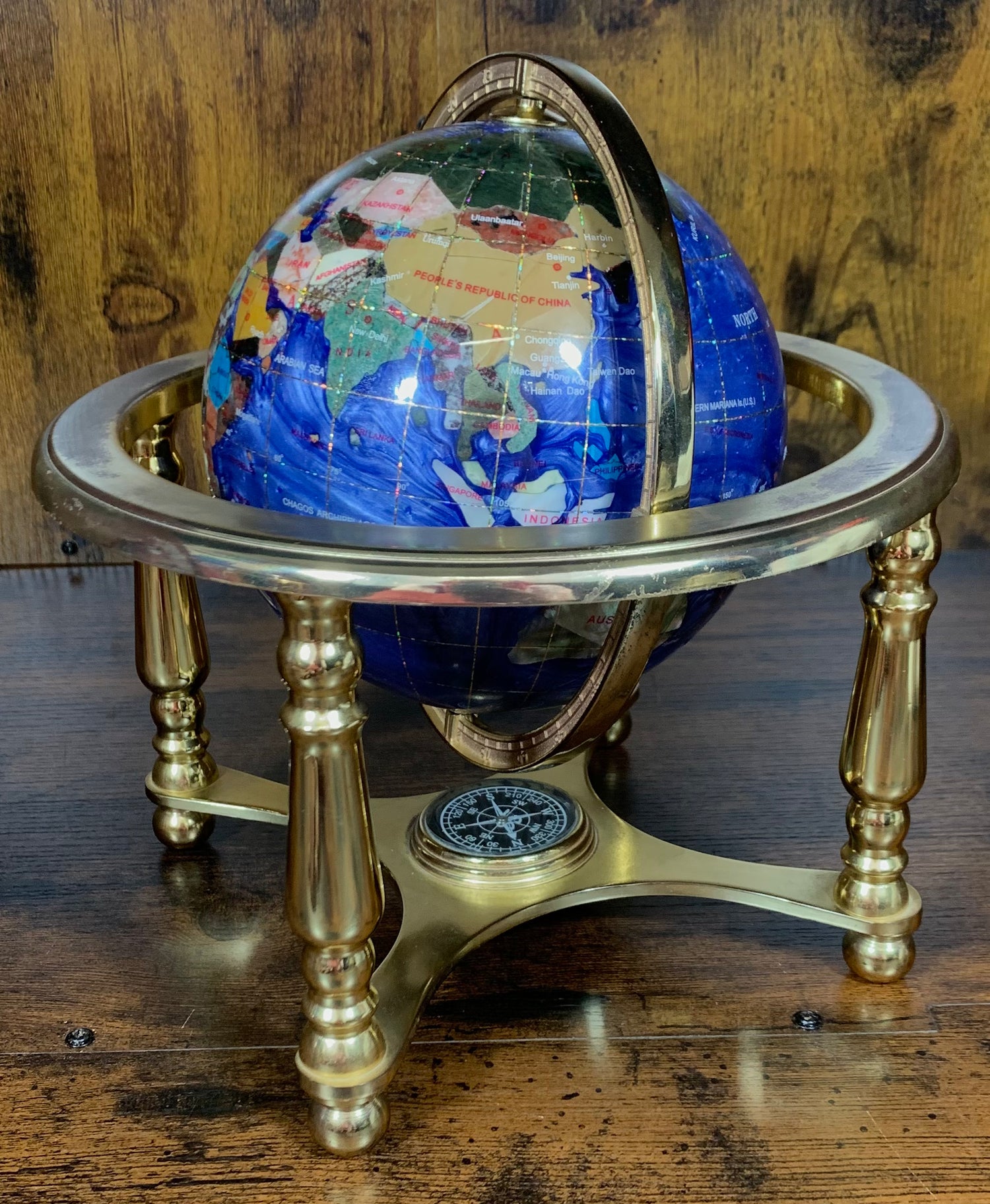 Dark Blue Gemstone Globe With Metallic Brass Cradle - Swirl Pattern