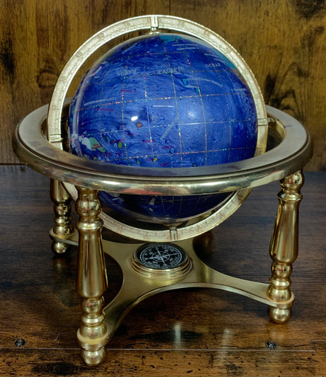 Dark Blue Gemstone Globe With Metallic Brass Cradle - Swirl Pattern