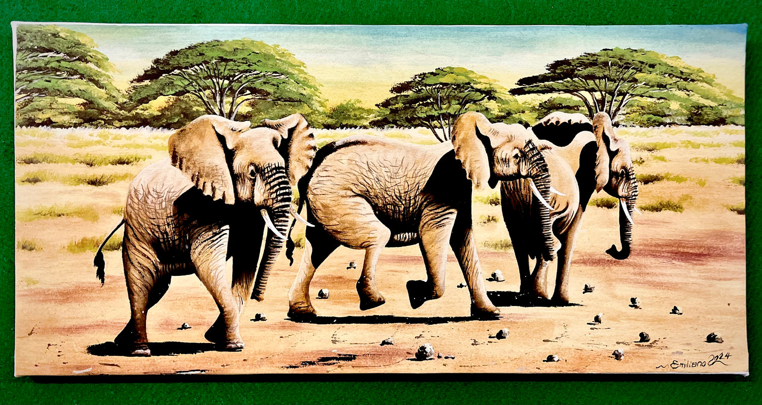 Acrylic Painting On Canvas - 'Three Elephants'