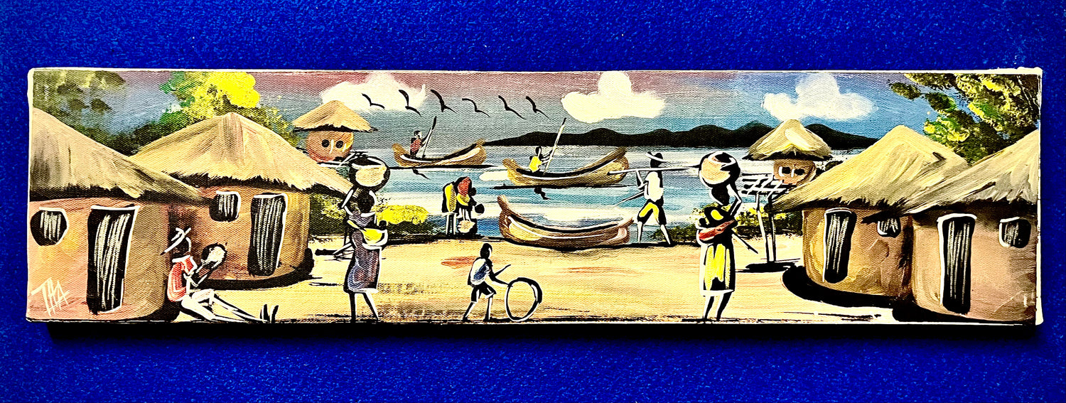 Acrylic Painting On Cloth - 'A Working Village By The Lake'