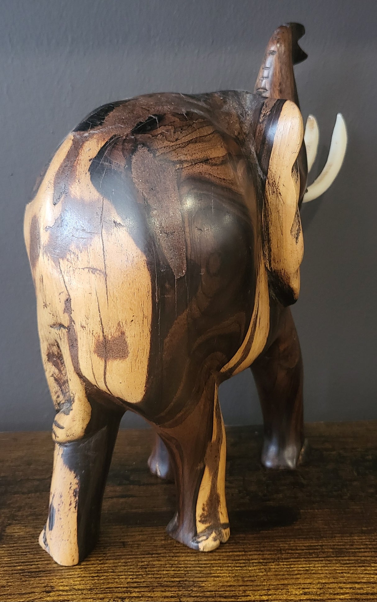Mahogany Elephant with Tusks and Trunk Raised