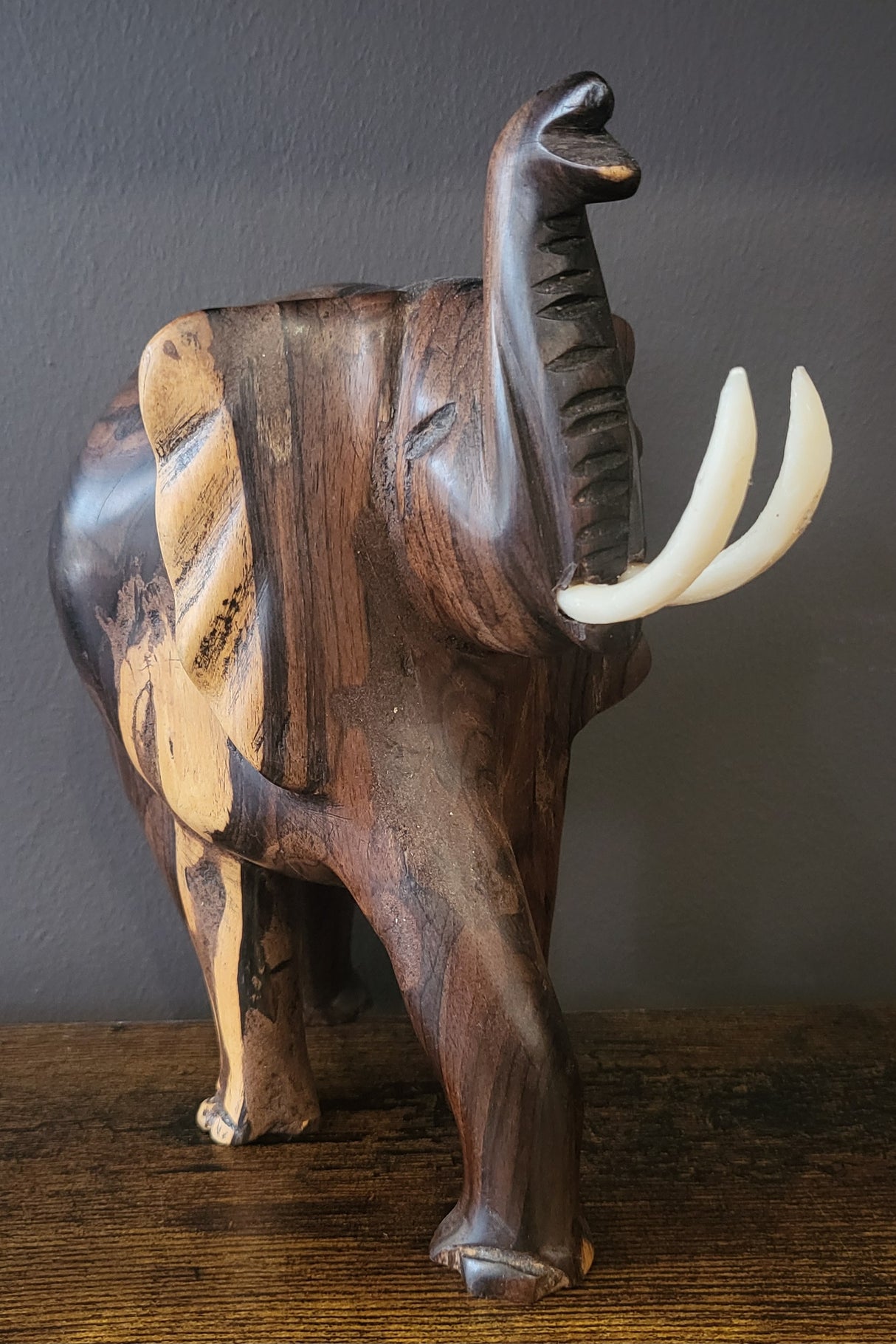 Mahogany Elephant with Tusks and Trunk Raised