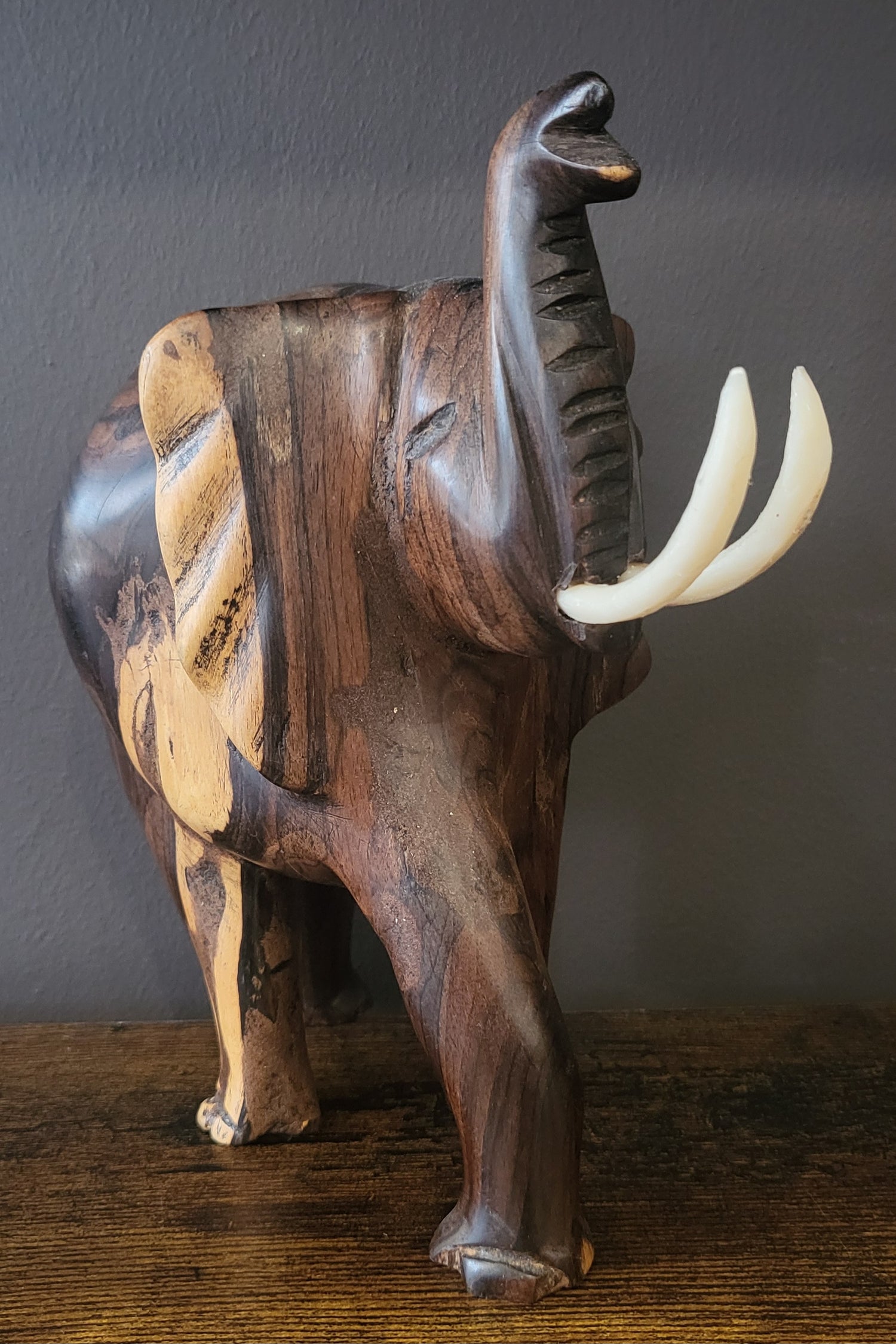 Mahogany Elephant with Tusks and Trunk Raised