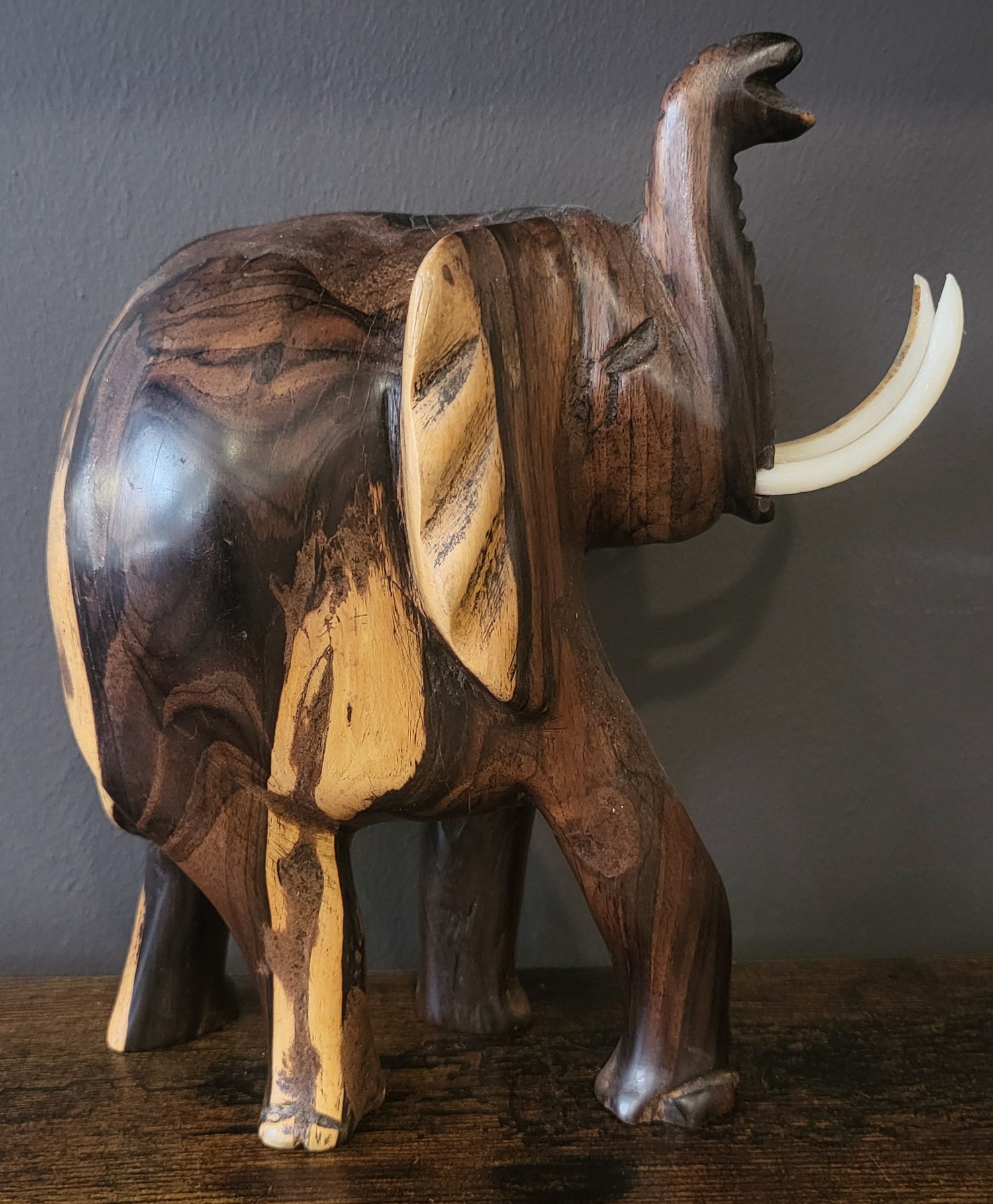 Mahogany Elephant with Tusks and Trunk Raised