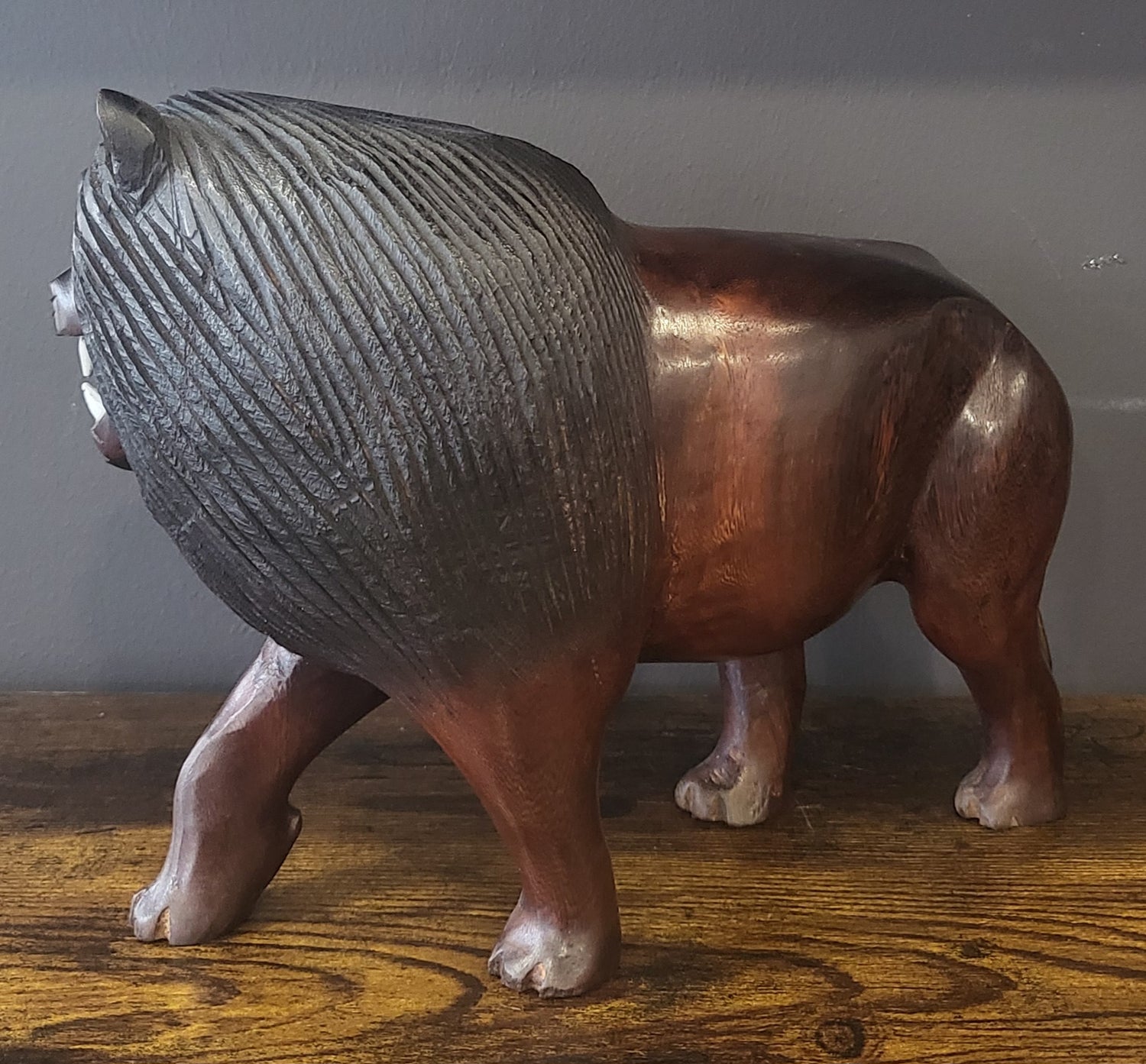 Ebony Head Turned Lion with Textured Mane
