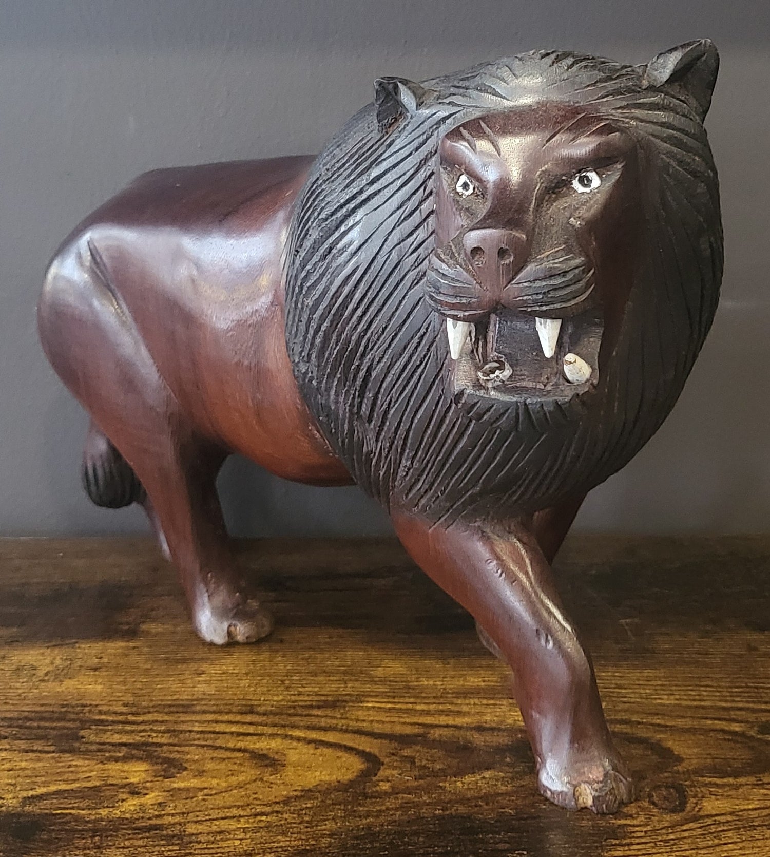 Ebony Head Turned Lion with Textured Mane