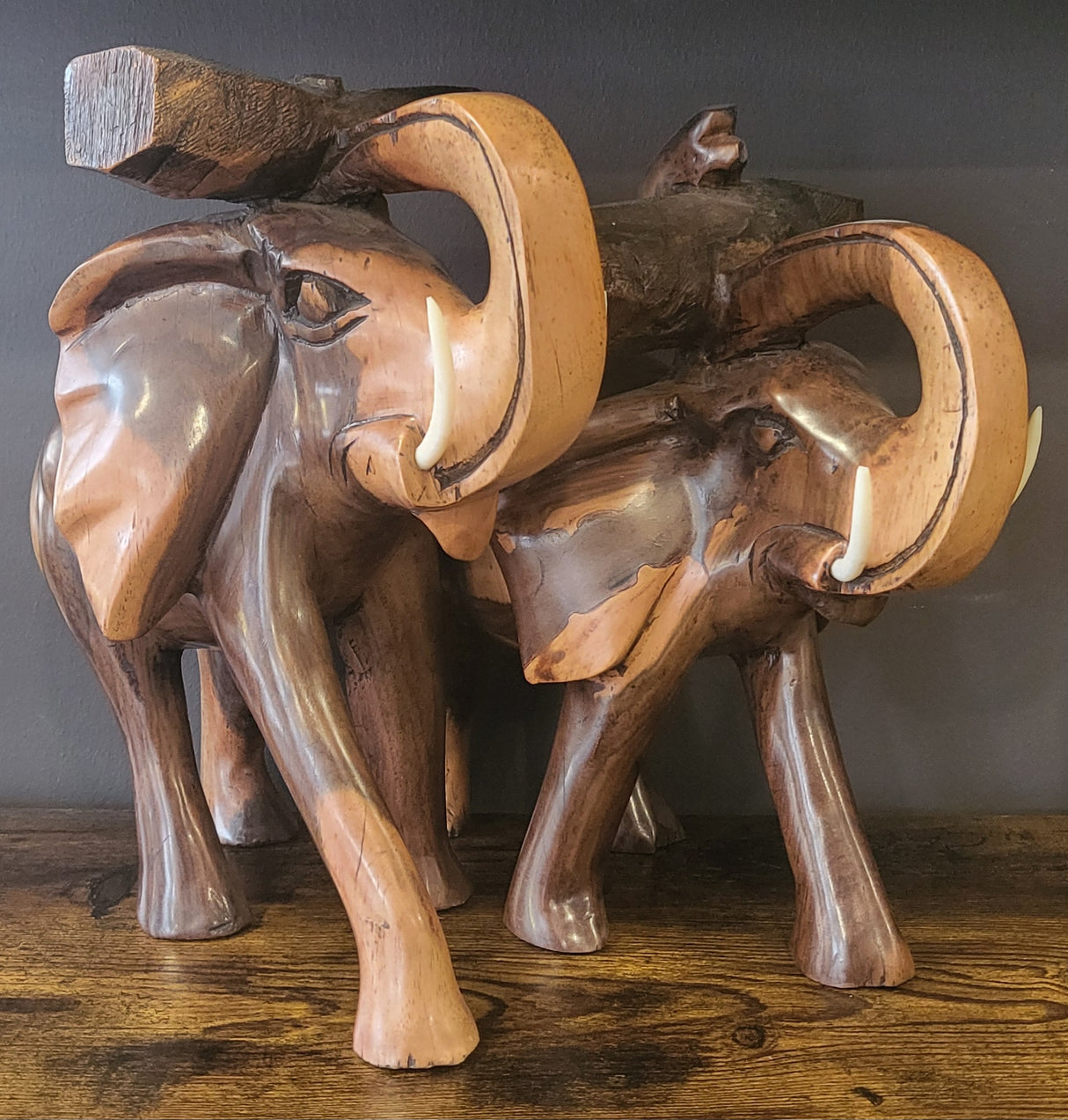 Mahogany Elephant Holding Tree Log from Trunk