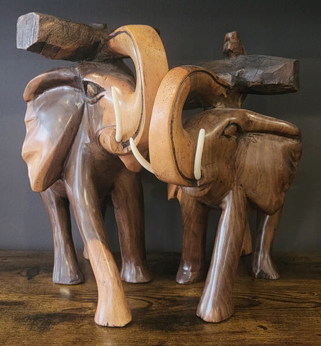 Mahogany Elephant Holding Tree Log from Trunk