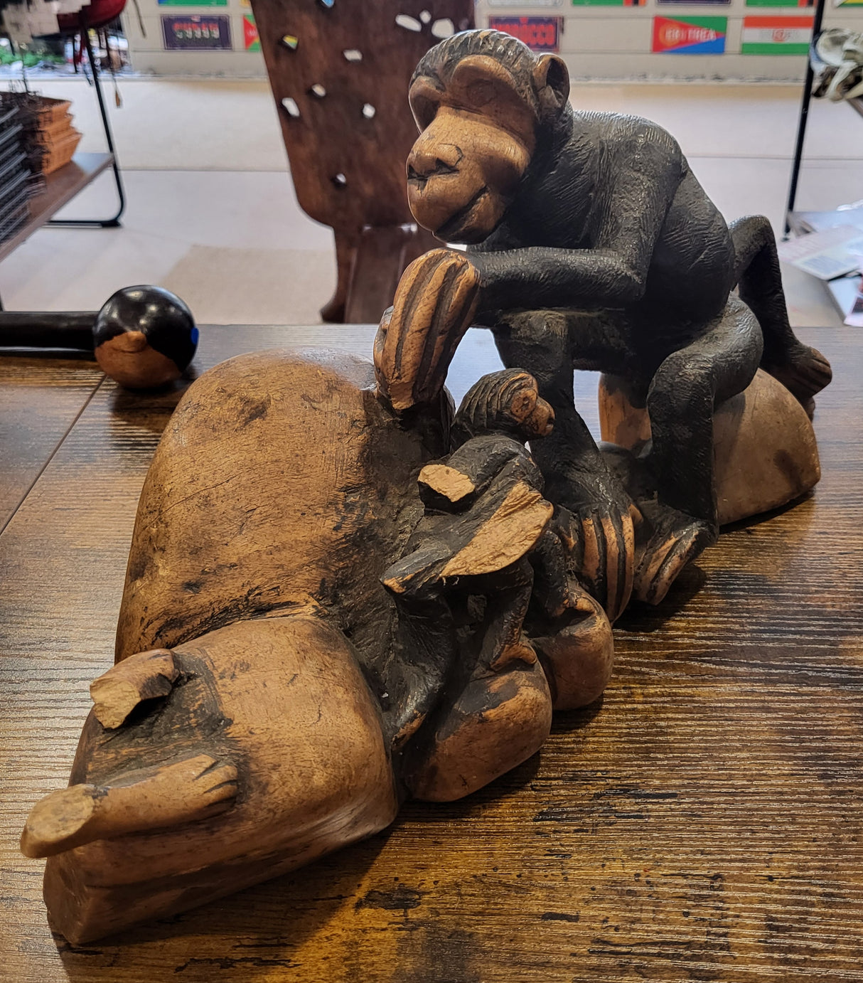 Monkey on the Rocks Mahogany Display Piece