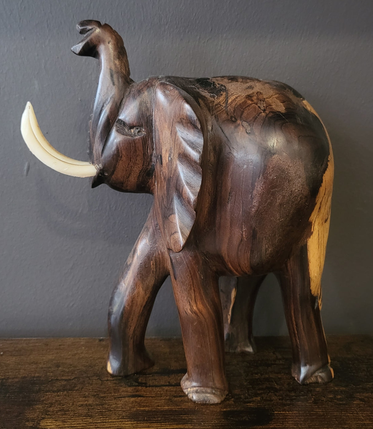 Mahogany Elephant with Tusks and Trunk Raised