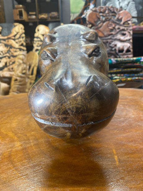 Hand Carved Wooden Smiling Hippo - Mouth Closed
