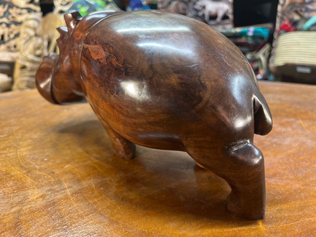Hand Carved Shiny Dark Brown Wooden Hippo - Mouth Closed