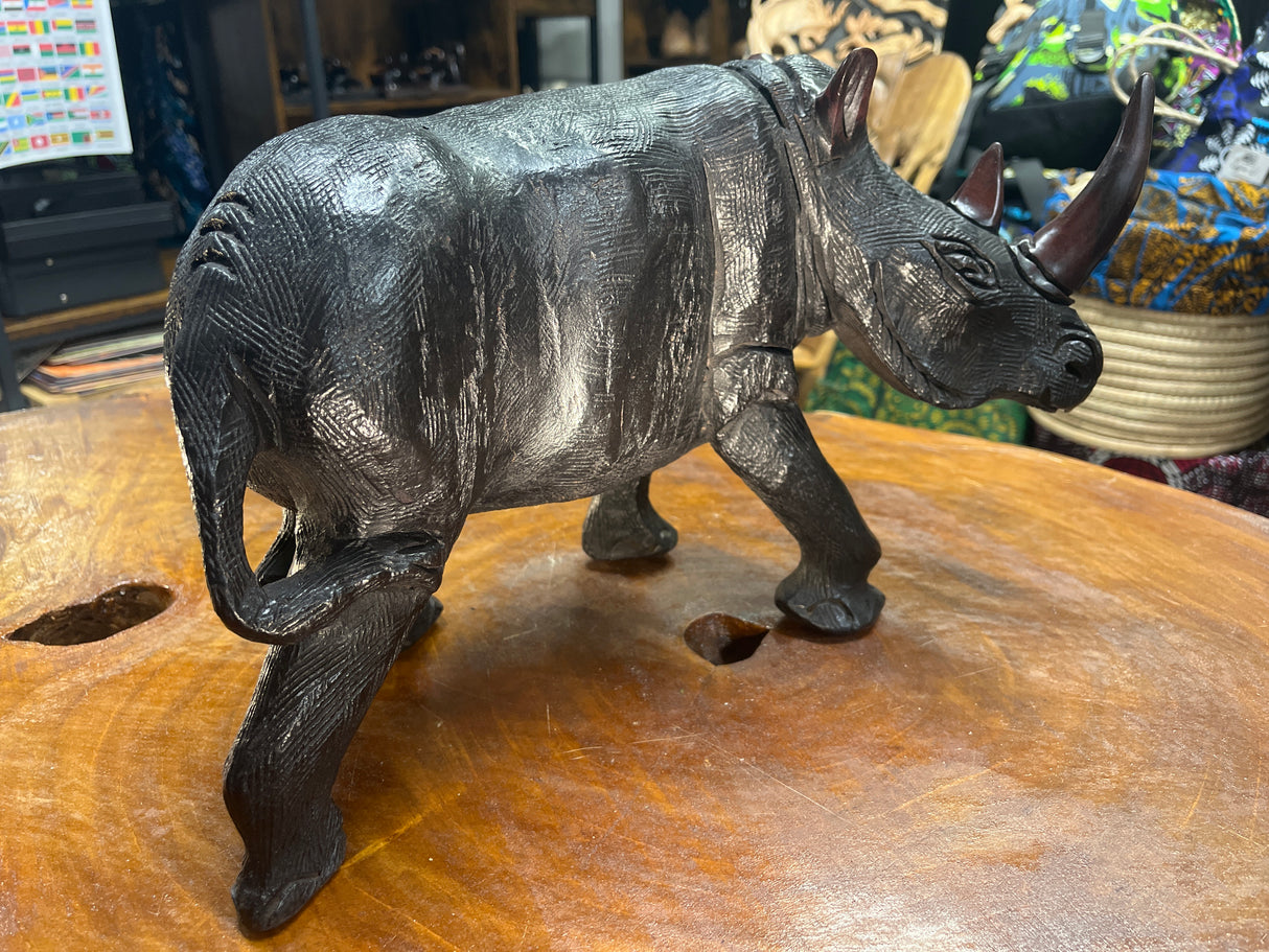 Large Black Hand Carved Wooden Textured Ebony Rhino Malawi