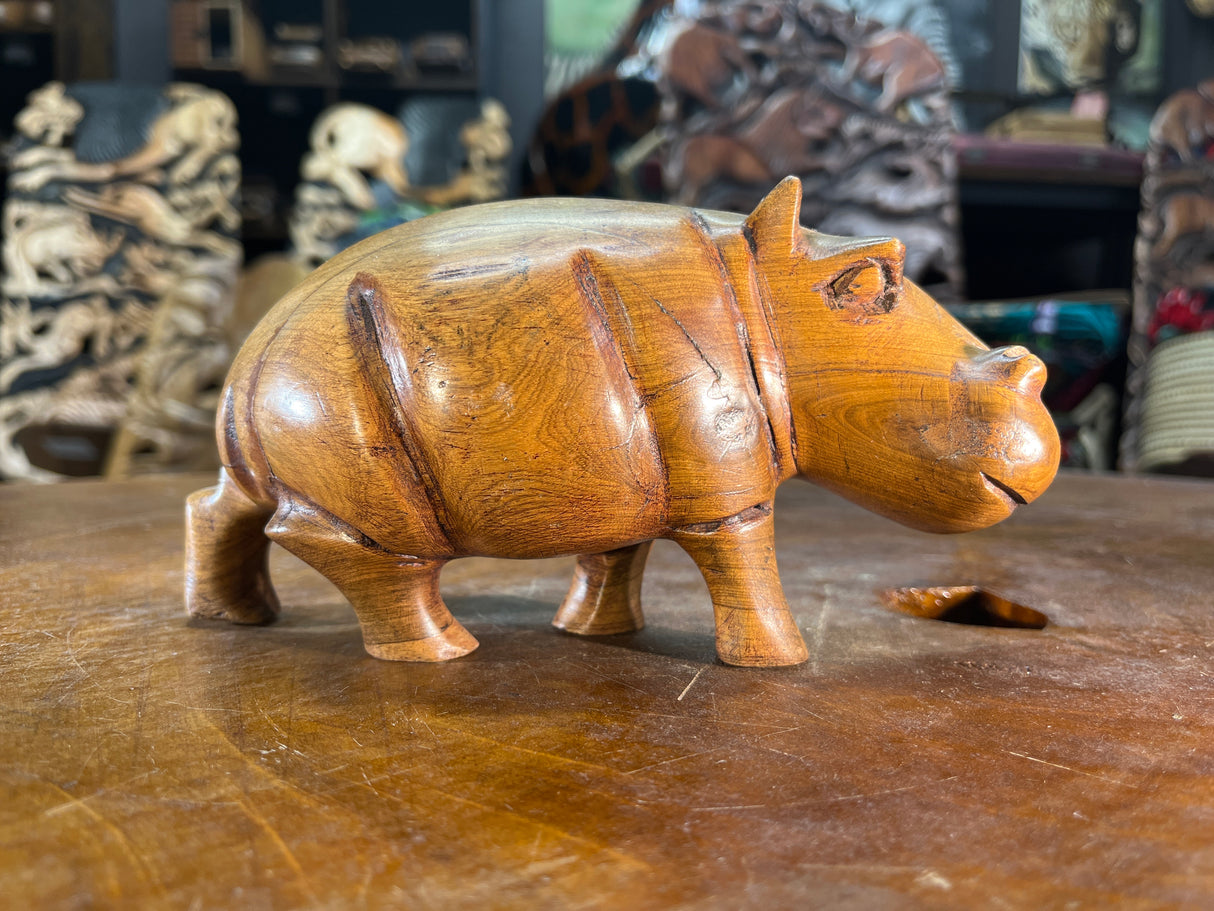 Small Hand Carved Light Brown Grained Wood Hippo - Mouth Closed