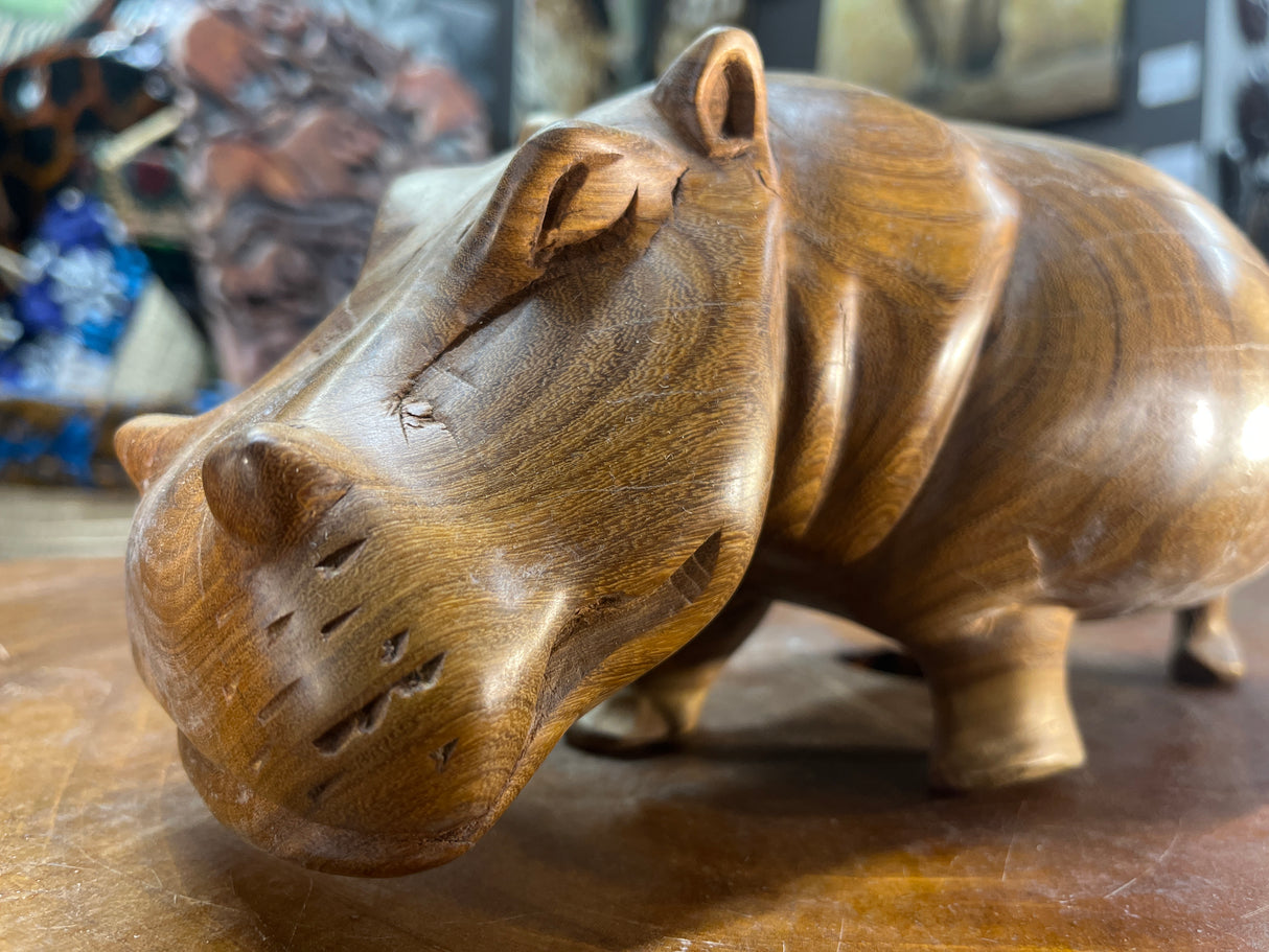 Hand Carved Beautifully Grained Wooden Hippo - Mouth Closed