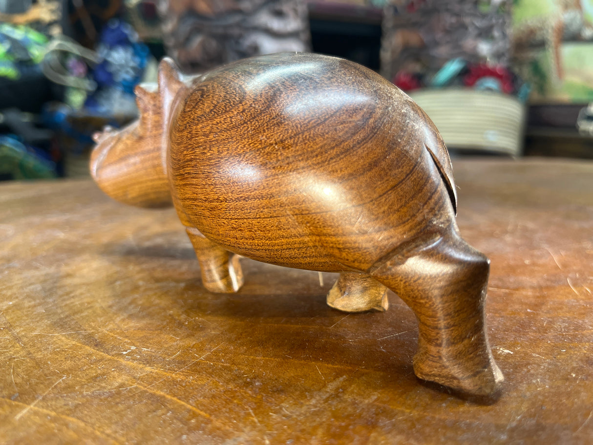 Small Hand Carved Brown Grained Wood Hippo - Mouth Closed