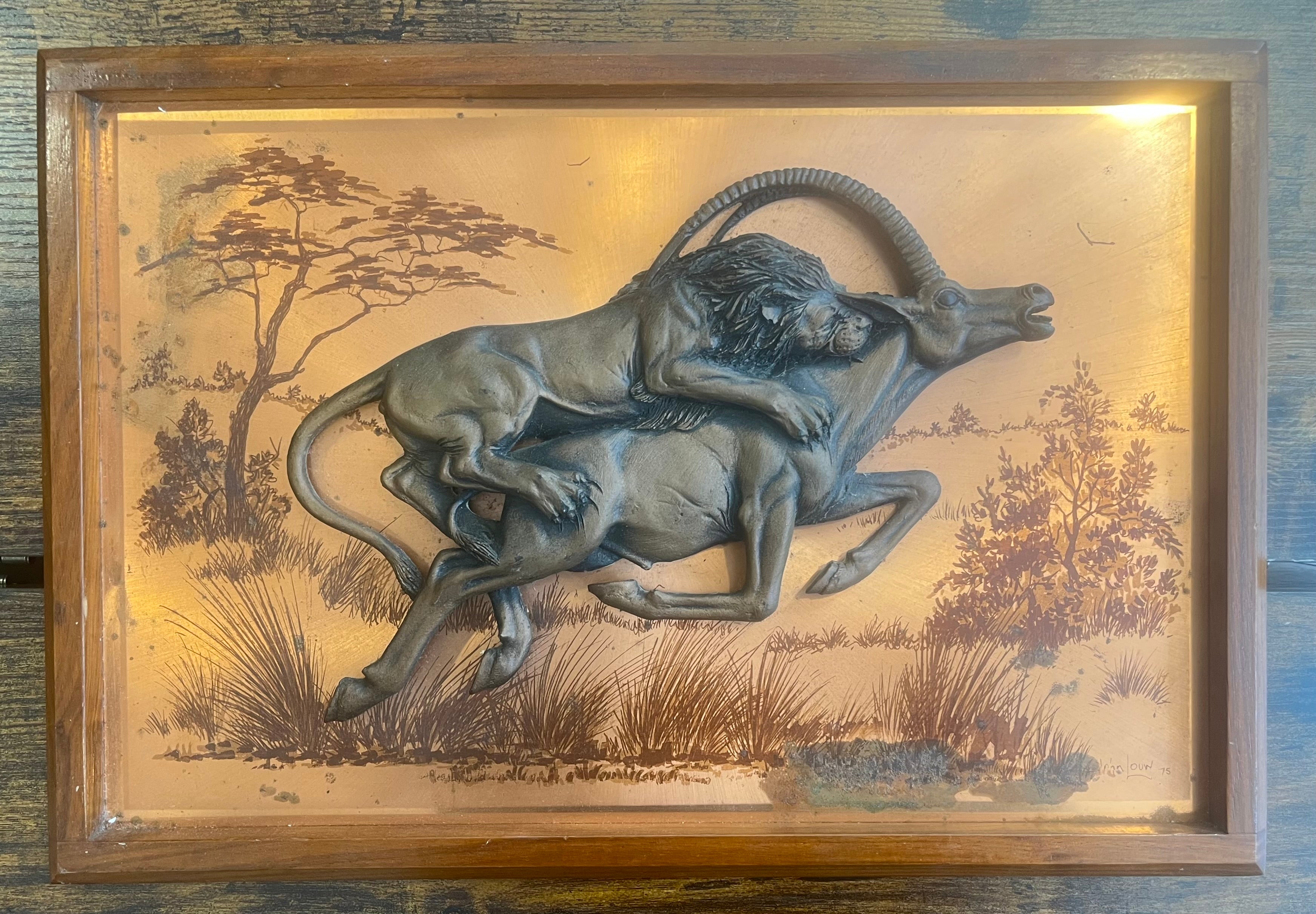 Vintage John Louw 3D Copper Art Picture And Frame Lion Hunting