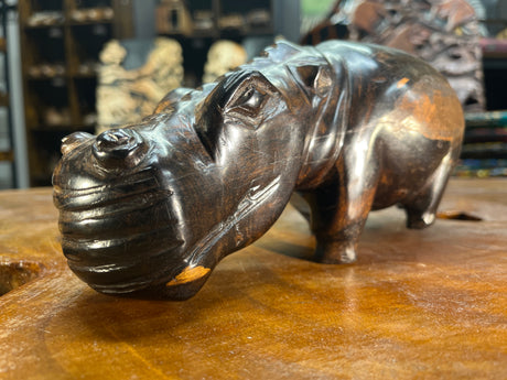Hand Carved Dark Brown Wooden Hippo - Mouth Closed