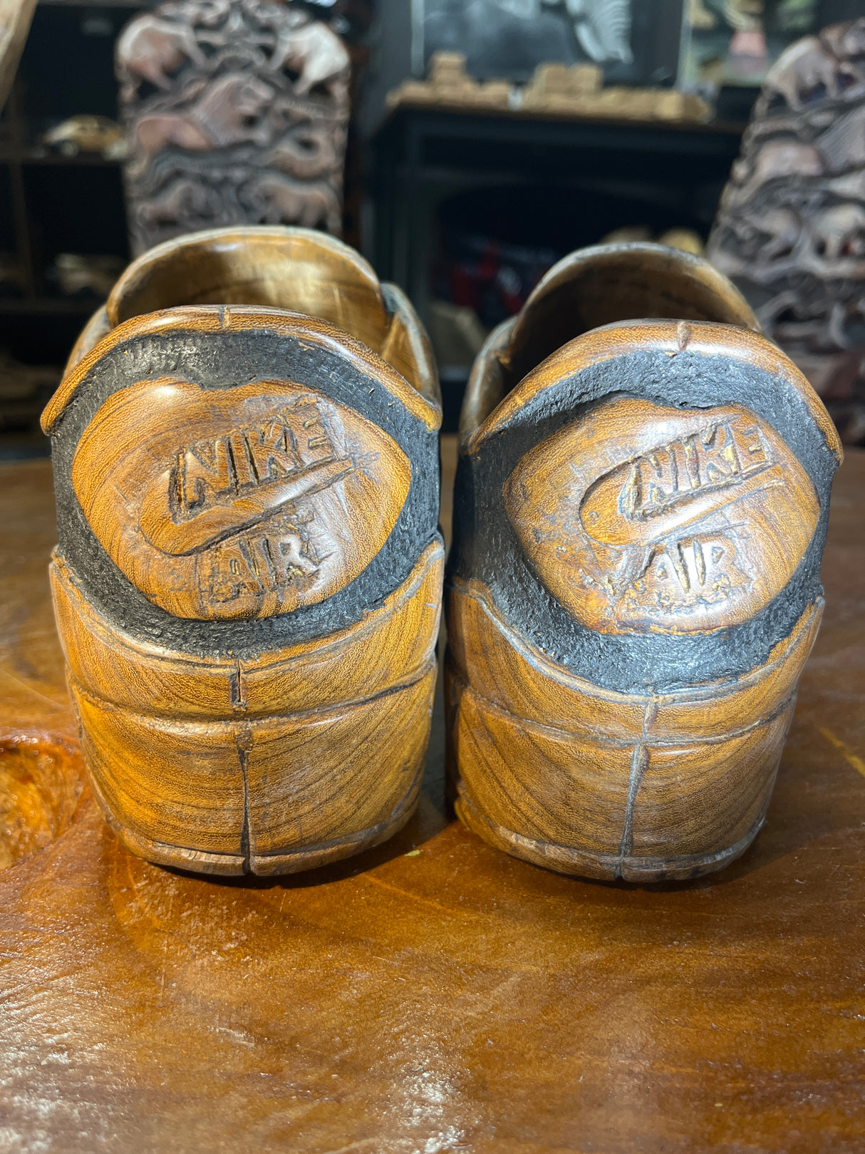 Pair of Nike Air Max 90 V2.1 Hand Carved Painted Mahogany Display Piece