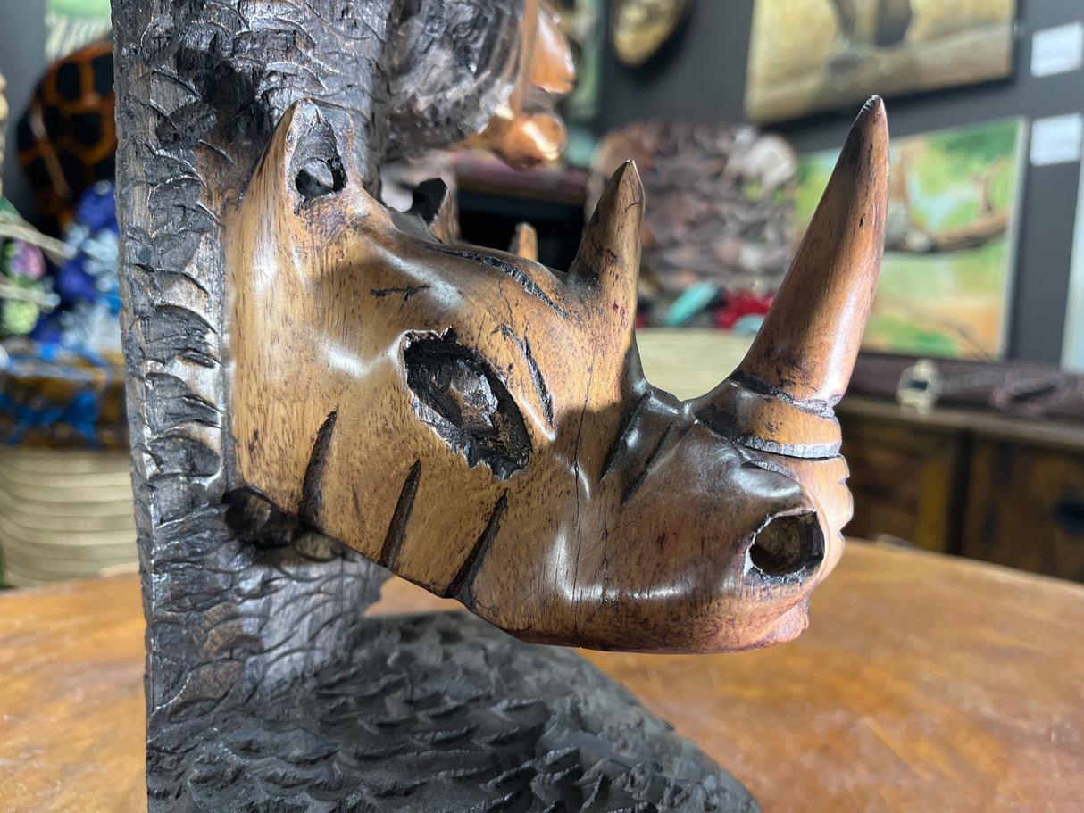 Hand Carved ‘Big 5’ On a Tree Trunk Ornament - Elephant, Leopard, Lion, Rhino, Buffalo