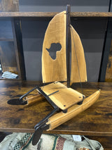 Intricately Hand Carved Wooden Catamaran with ‘Africa’ Sail
