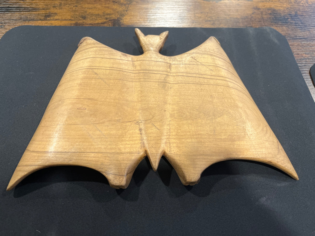 Large Mahogany Hand Carved Bat Open Wings