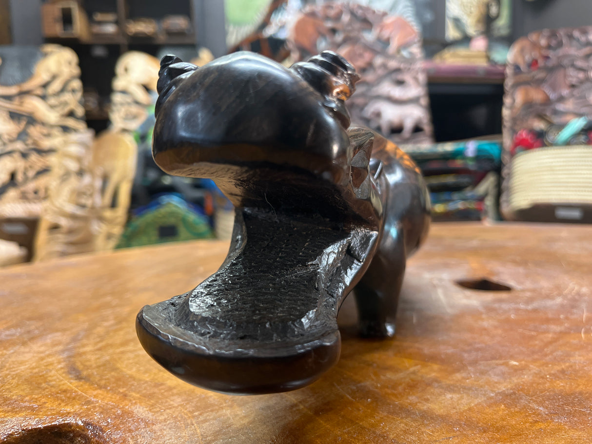 Hand Carved Wooden Hippo - Mouth Open No Teeth