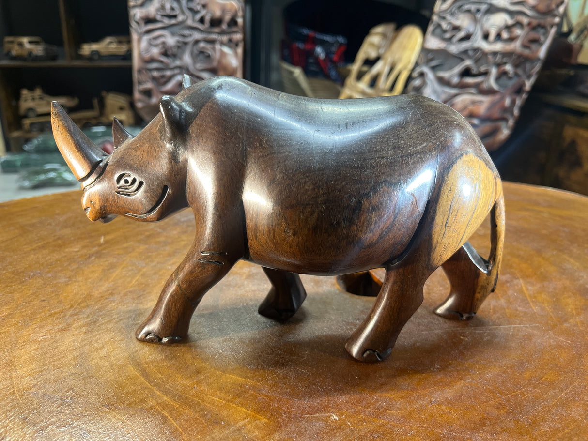 Dark Brown Hand carved Wooden Standing Rhino Curio