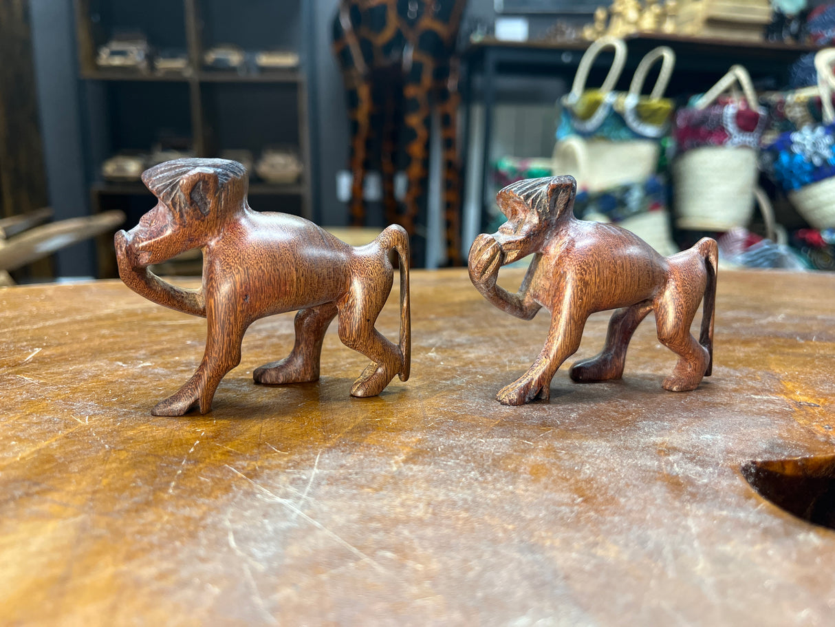 Set of Two Hand Carved Sniggering Monkeys