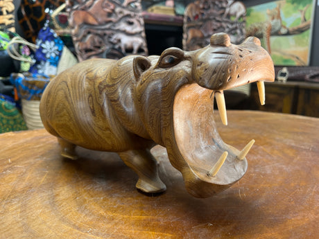 Hand Carved Wooden Hippo - Mouth Open With Teeth