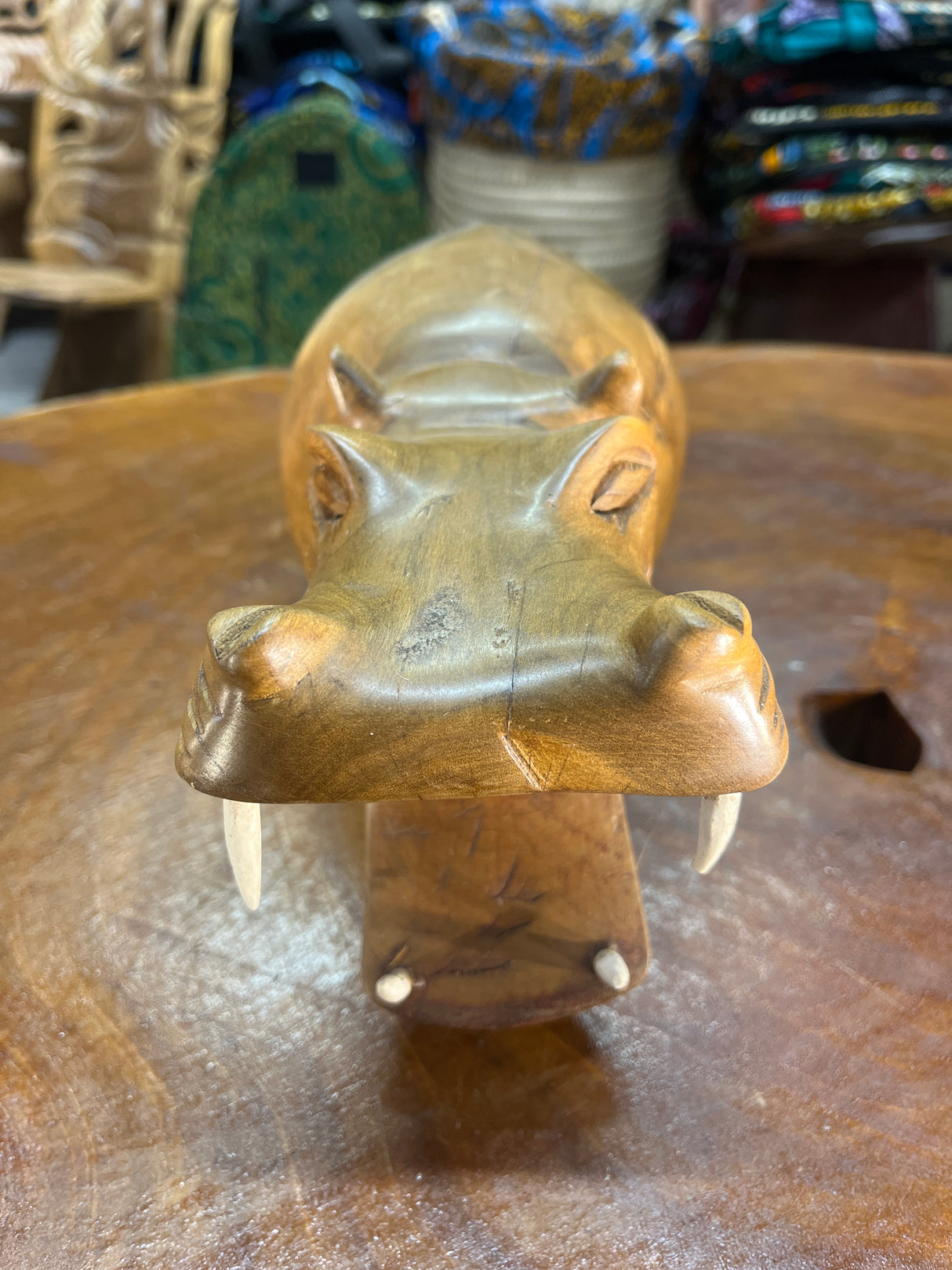 Hand Carved Wooden Walking Hippo - Mouth Open With Teeth