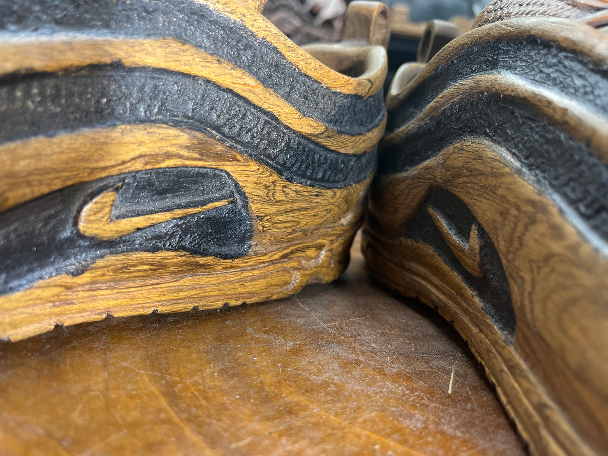 Pair of Nike Air Max 97 V1.2 Hand Carved Painted Mahogany Display Piece