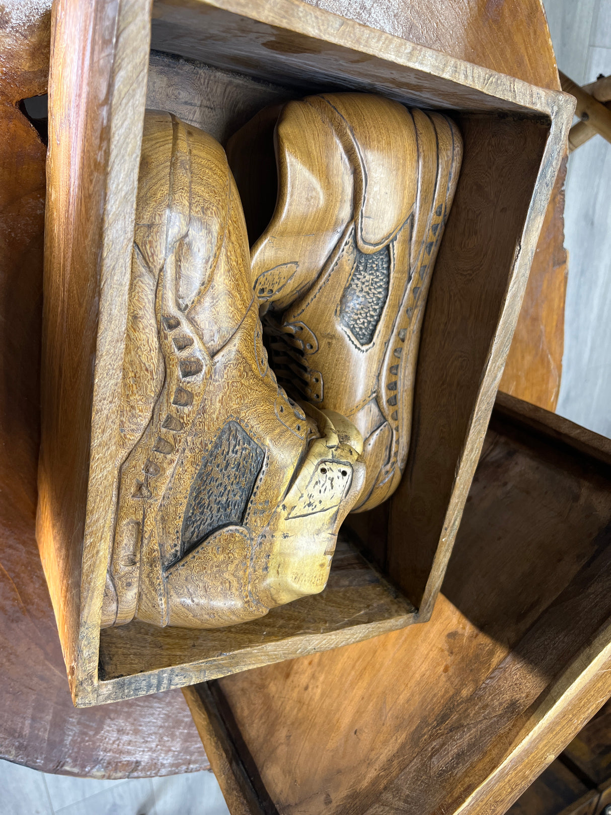 Pair of Jordan 5 V3.1 Hand Carved Mahogany Display Piece with Wooden Box
