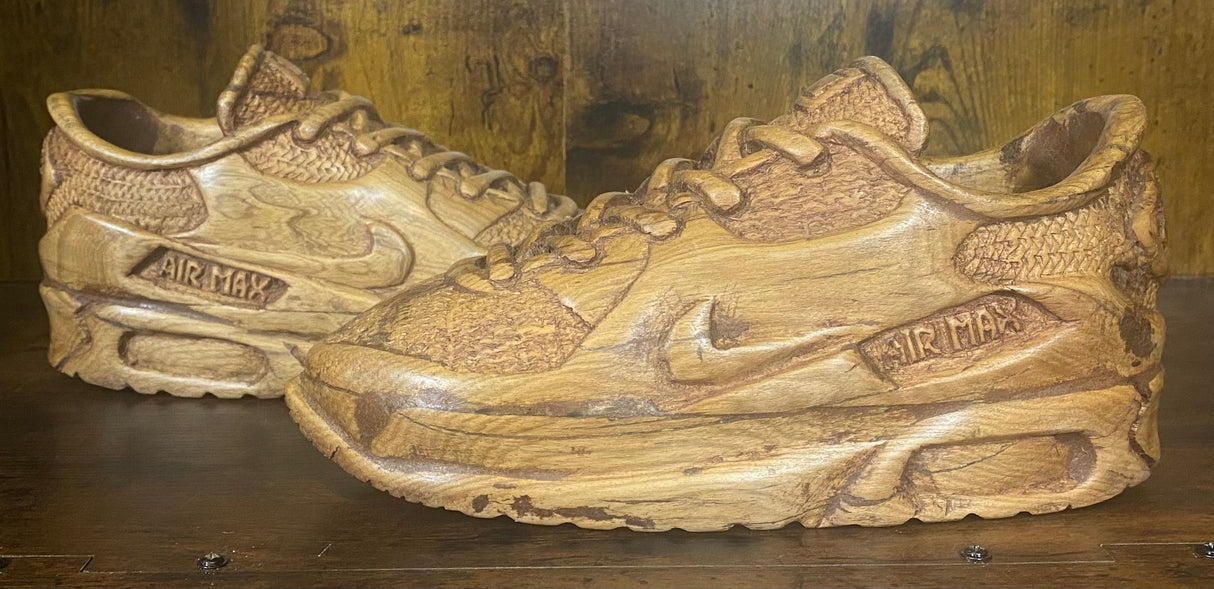 Pair of Nike Air Max 90 V3.1 Hand Carved Painted Mahogany Display Piece