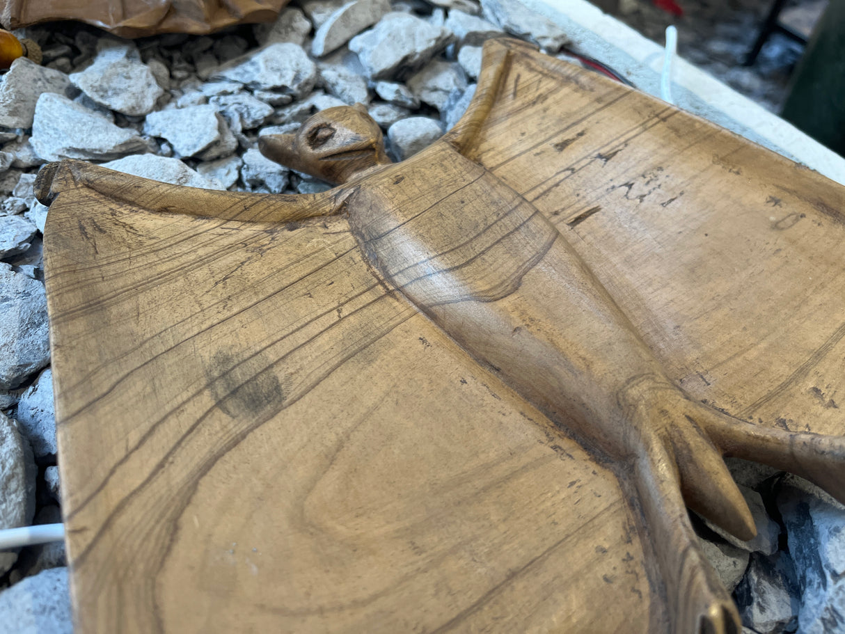 Large Mahogany Hand Carved Bat Open Wings